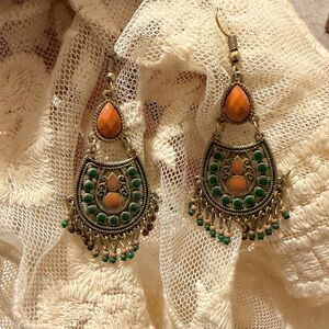 Elegant Green and Orange Dangle Earrings